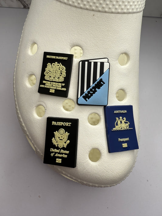 Passport shoe charm collection - UK Australia and USA. Travel/Holiday/Vacation