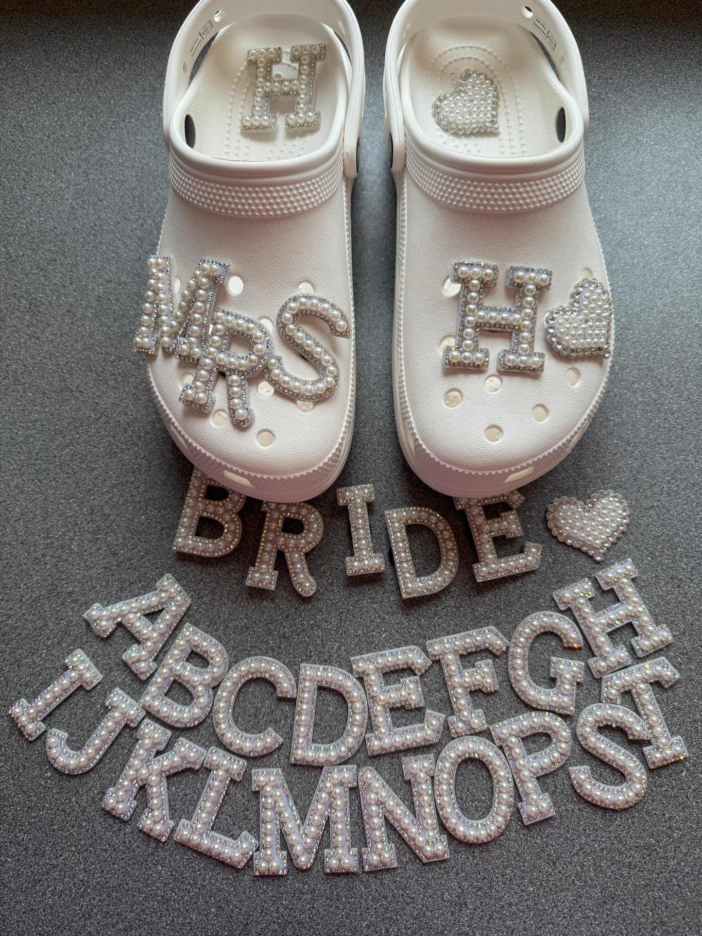 Bridal/Bride shoe charm collection - pearl letters. Silver gems - (CHARMS ONLY)