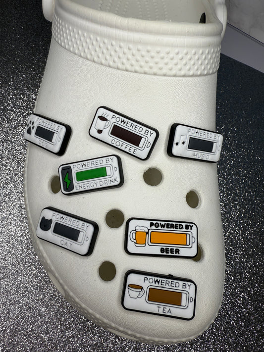 Powered by... shoe charm collection. Dogs, energy drink, coffee, beer, cats,