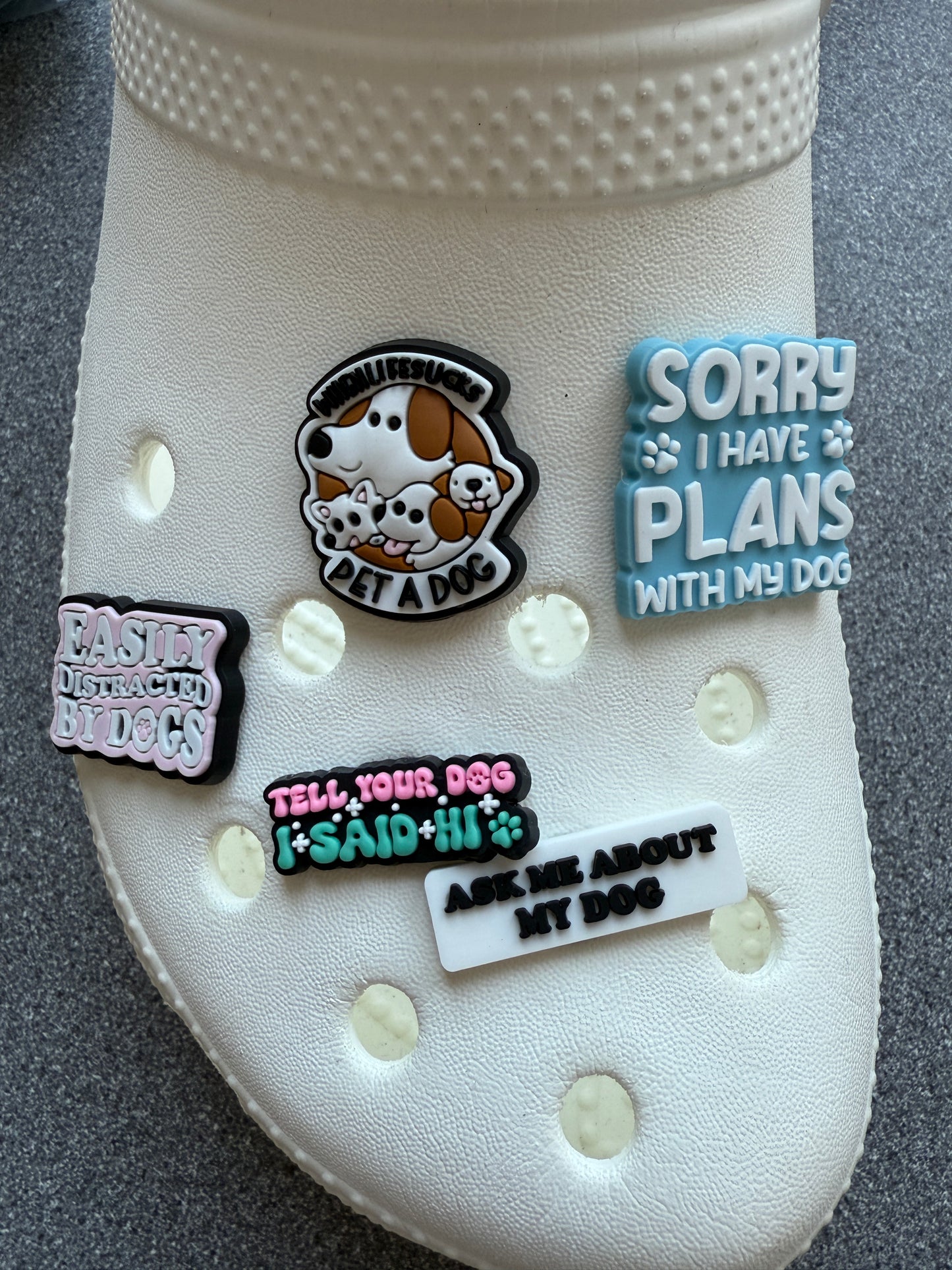 Dog lovers shoe charms - ask me about your dog, distracted by dogs etc..