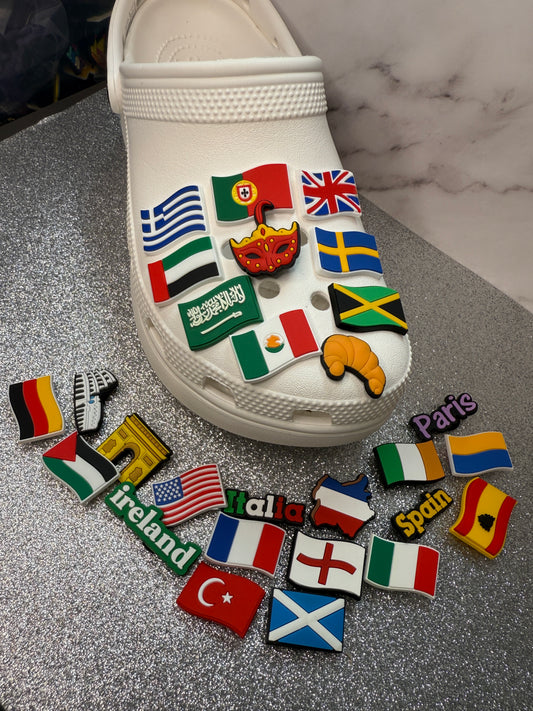 Country flag shoe charm collection [Canada, Scotland, Wales, France, Spain, Germany, palestine] etc...