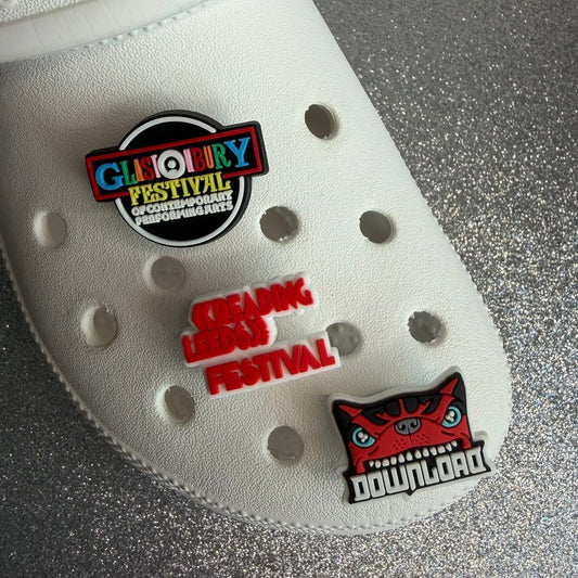UK festival inspired shoe charm collection - Glastonbury Leeďs reading, download