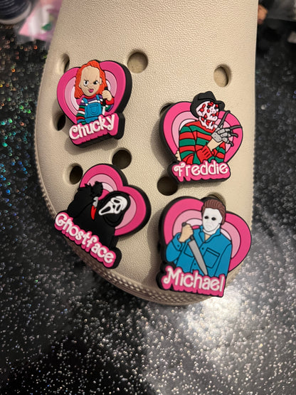 Pink Horror character shoe charm collection - Freddie Chuck ghost face Michael Leatherface Jason