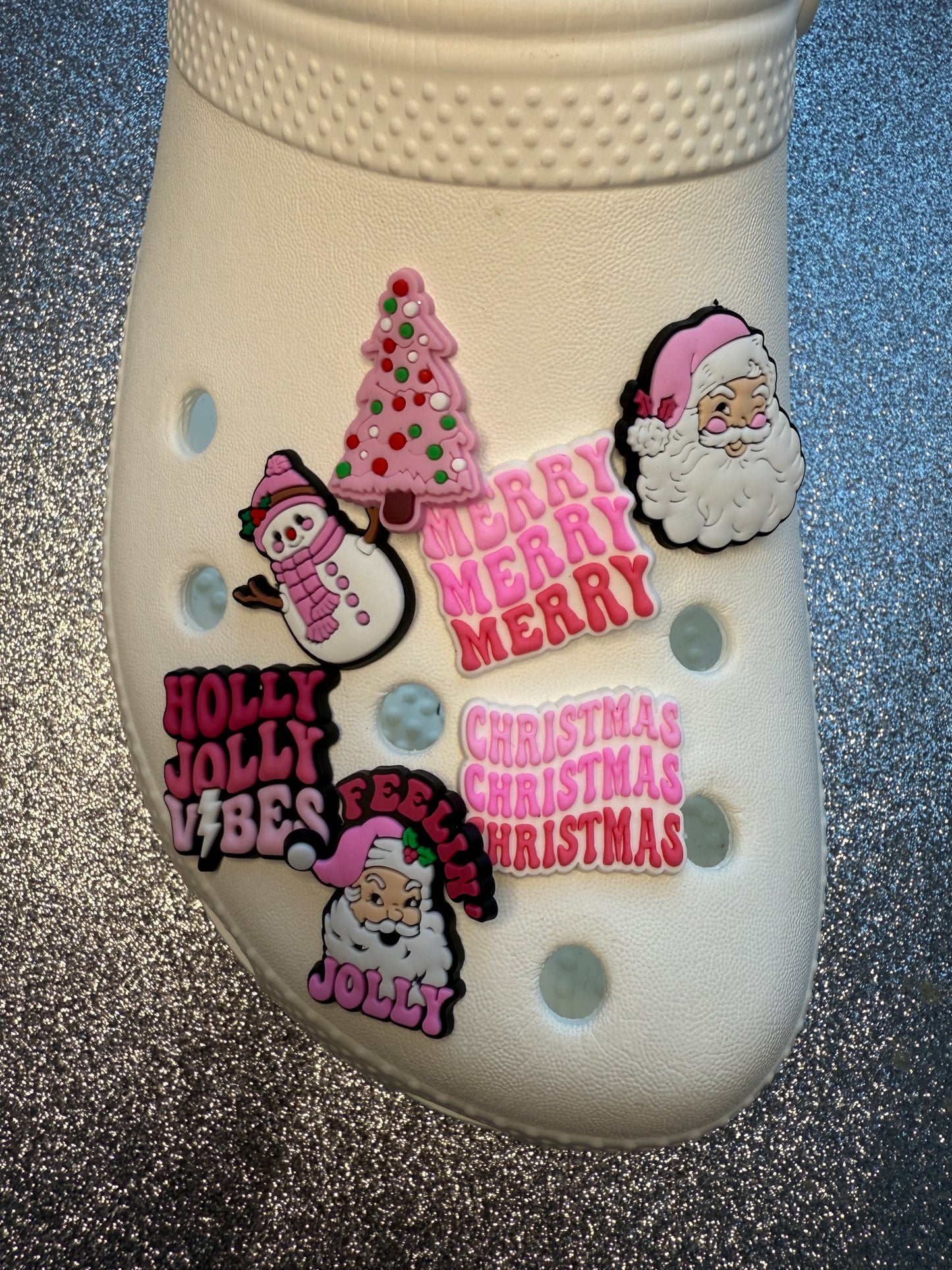 Pink girly Christmas shoe charms - Santa snowman