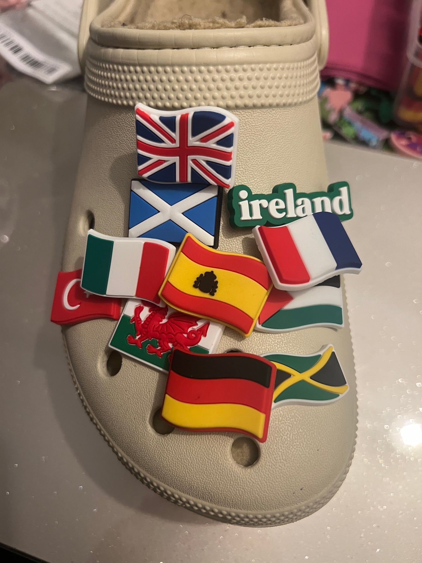 Country flag shoe charm collection [Canada, Scotland, Wales, France, Spain, Germany, palestine] etc...