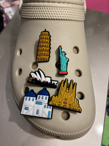 Country monument shoe charm collection - Statue of Liberty, Pisa, opera house etc...
