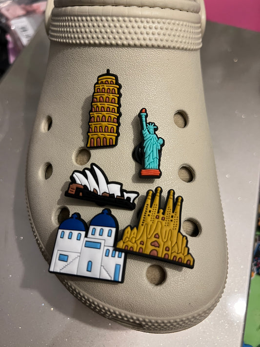 Country monument shoe charm collection - Statue of Liberty, Pisa, opera house etc...