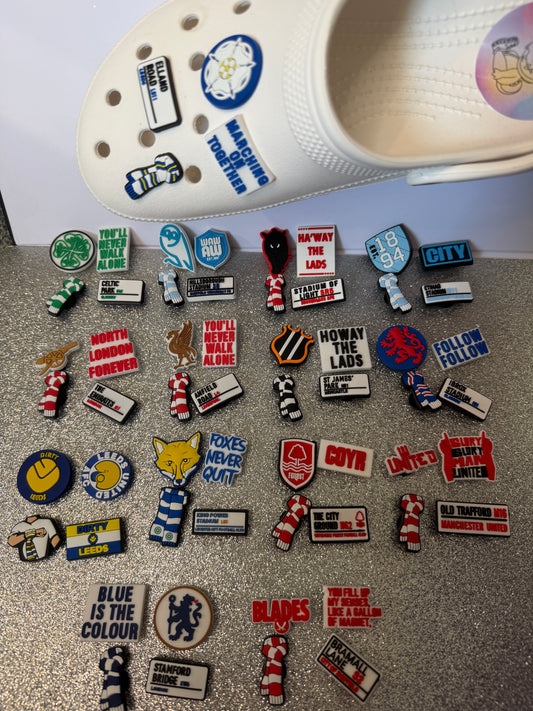 X4 football team shoe charm BUNDLES - sheffield, leicester, tottenham, everton, liverpool, manchesteretc...