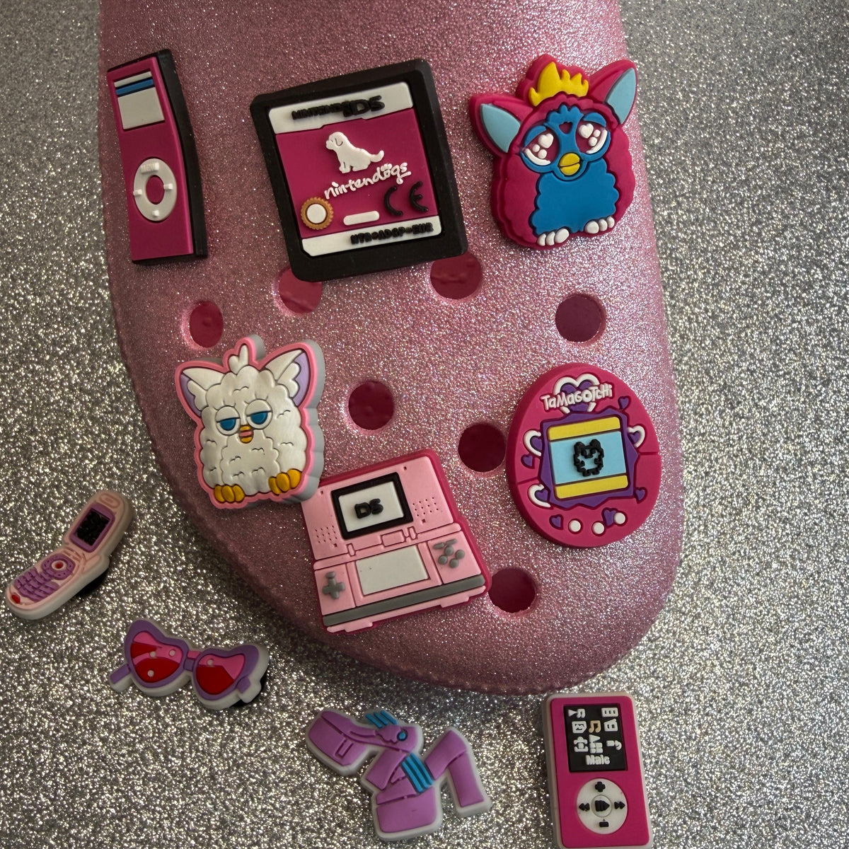 Girly 90's/2000's nostalgia shoe charm collection - dog game, pods, Ds, tame, ferb