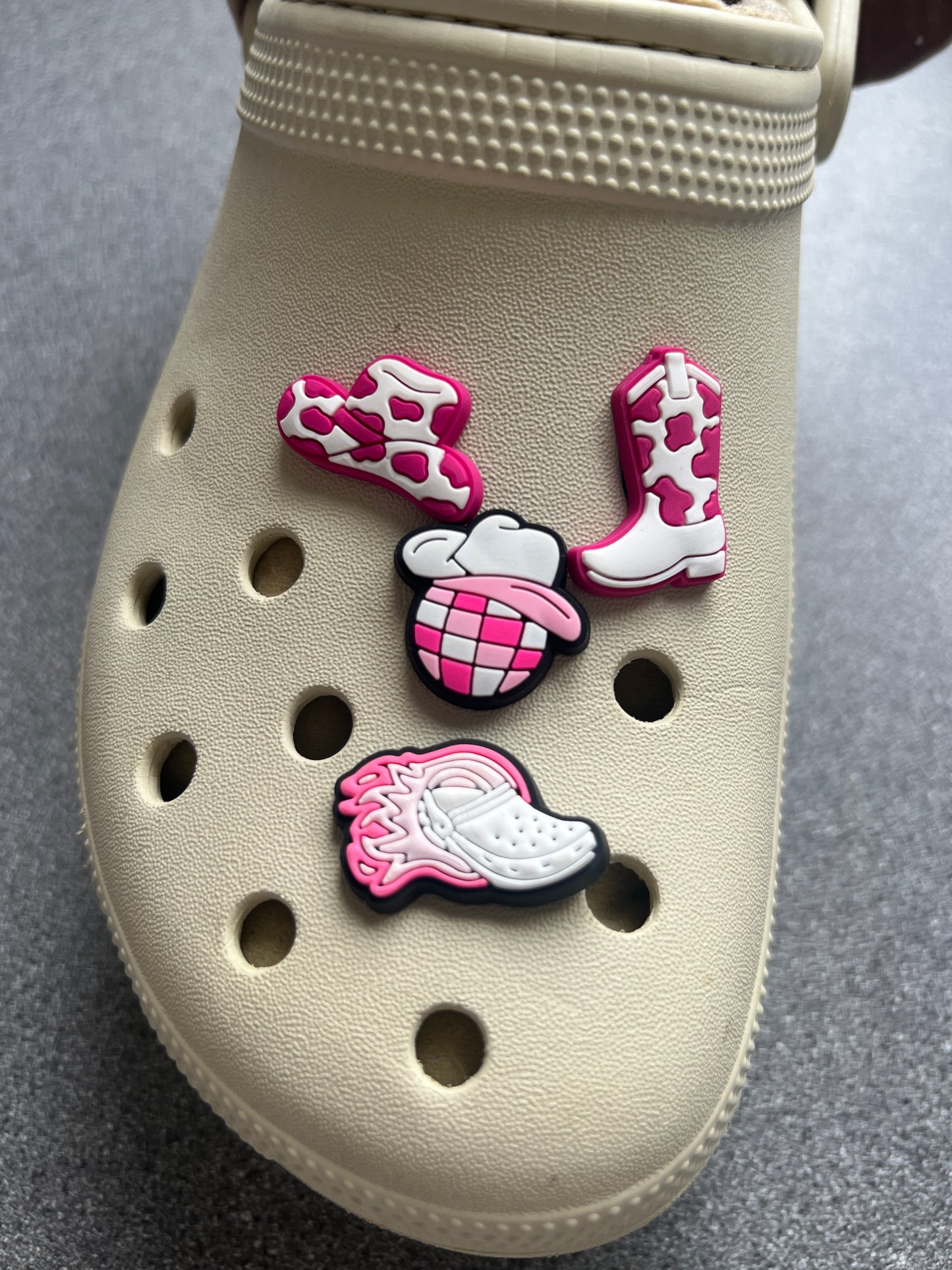 Pink and white cowgirl/croc themed shoe charms