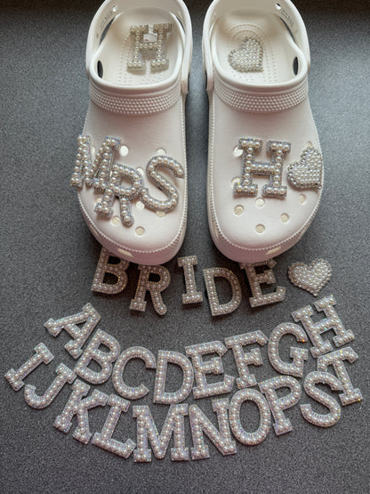 Bridal/Bride shoe charm collection - pearl letters. Silver gems - (CHARMS ONLY)