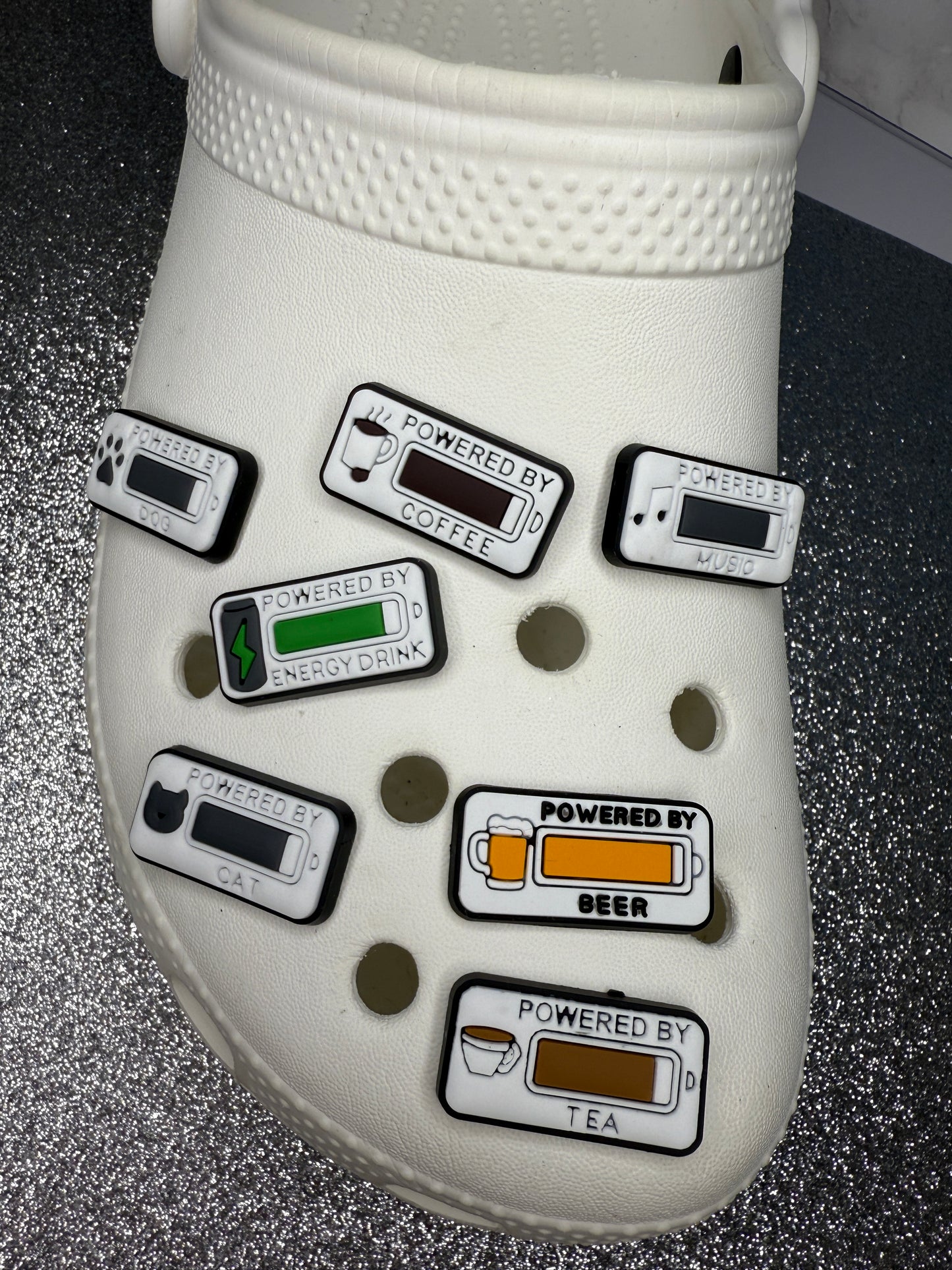 Powered by... shoe charm collection. Dogs, energy drink, coffee, beer, cats,