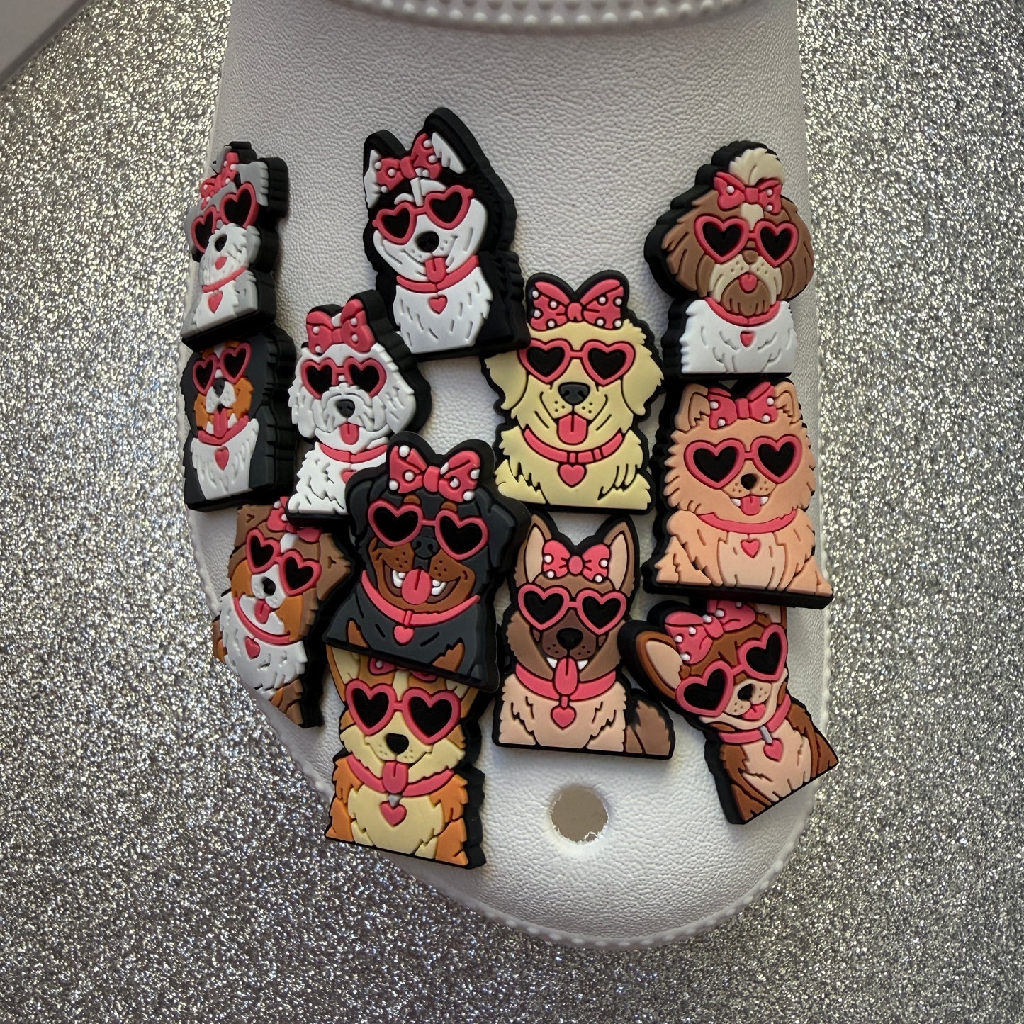 Dog breeds with heart glasses shoe charm collection