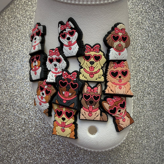 Dog breeds with heart glasses shoe charm collection