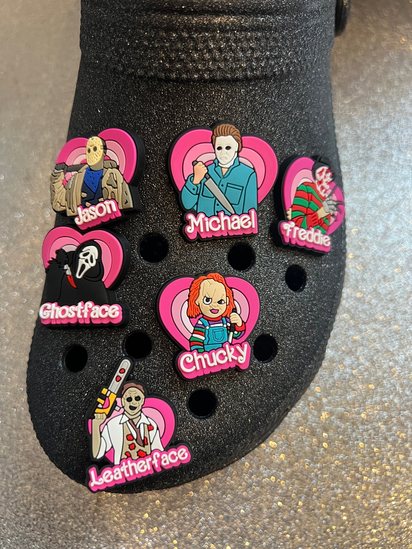 Pink Horror character shoe charm collection - Freddie Chuck ghost face Michael Leatherface Jason